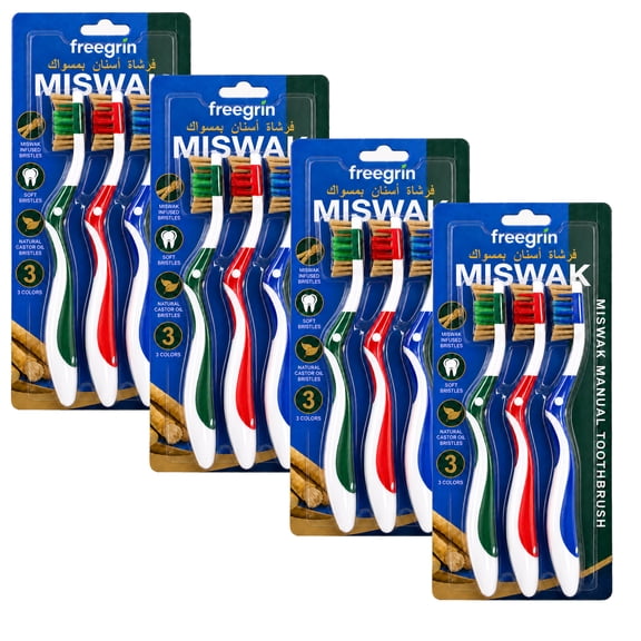 FREEGRIN 12 Count Miswak Ultra Soft Toothbrush, Natural Miswak Extract and Castor Oil Bristles, Gentle for Gums, Travel and Household Use