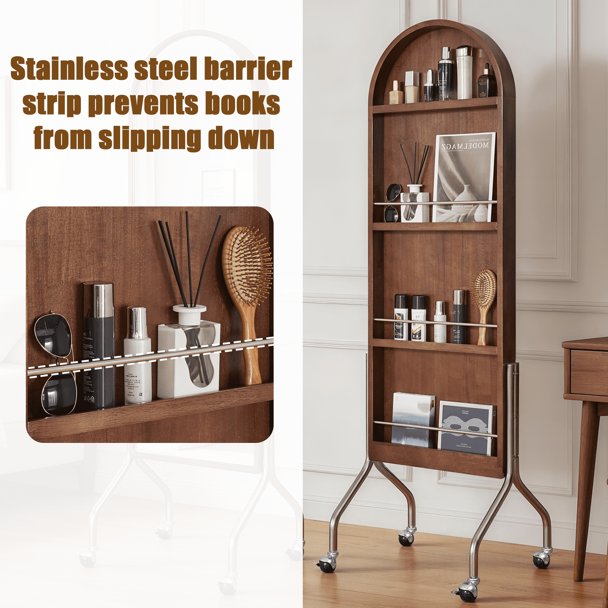 Arched Full Length Mirror with Storage Shelves and Wheels, Freestanding Rolling Floor Mirror and Bookcase for Bedroom Living Room, Walnut