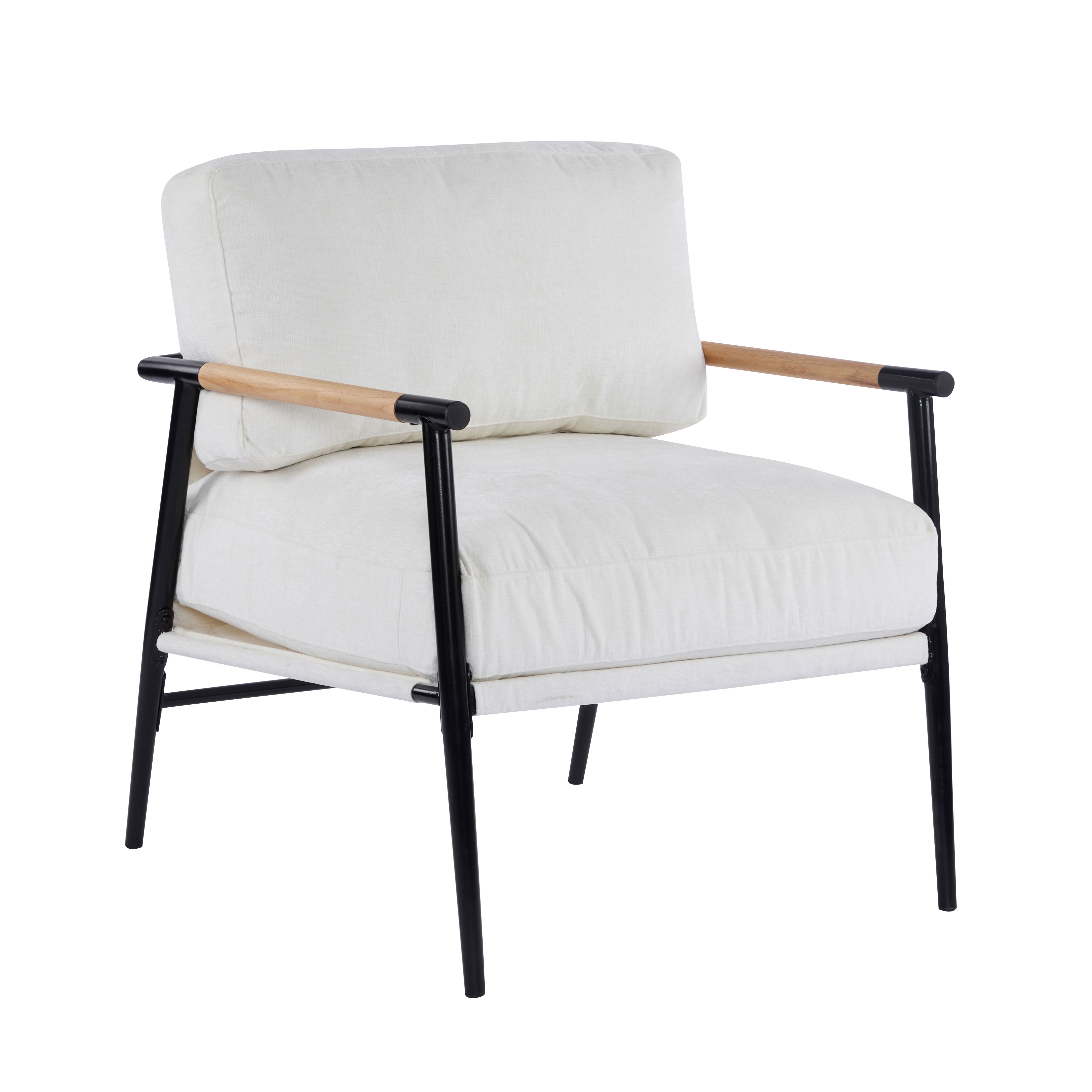 MAYEERTY 27.56" Modern Accent Chair with Plush Cushions, Metal Frame, and Wooden Armrest Design for Cozy Living Room, Bedroom, or Office Seating