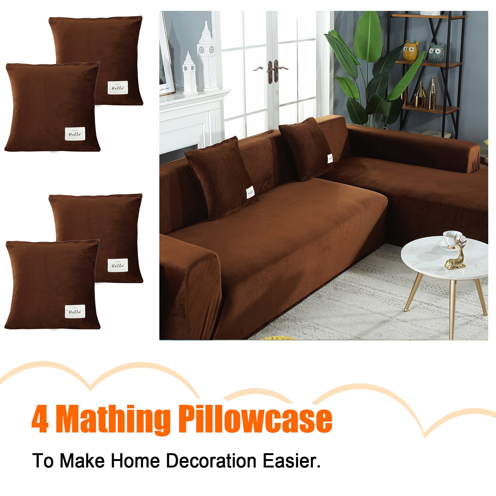 Eurhowing Velvet L-Shaped Sectional Sofa Cover with 4 Pillowcases, Stretch Soft Couch Slipcovers 3 Seater+4 Seater, Sofa Furniture Protector, Coffee