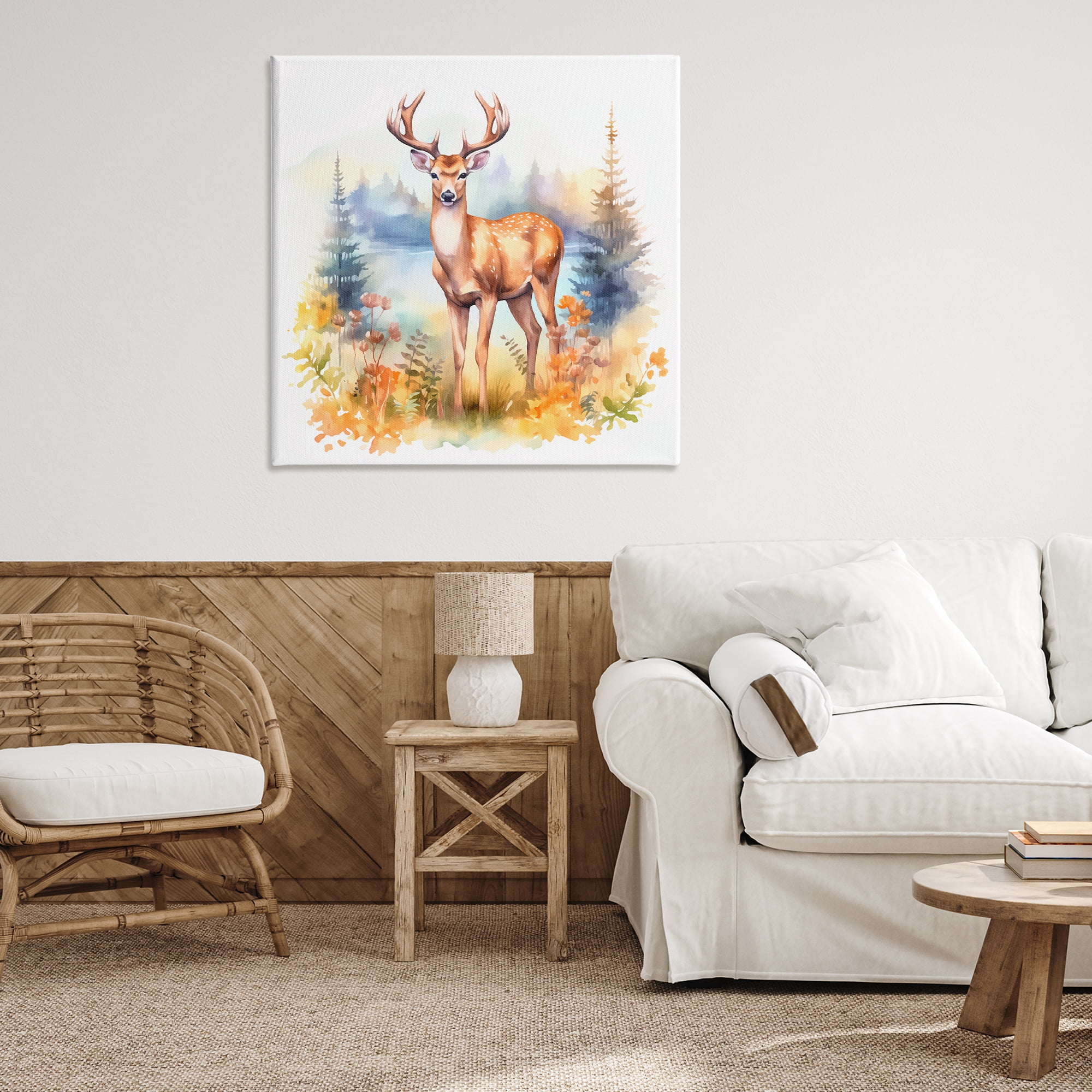 Stupell Industries Wild Deer in Forest Animals Painting Wrapped Canvas Art Print Wall Art, 36 x 36
