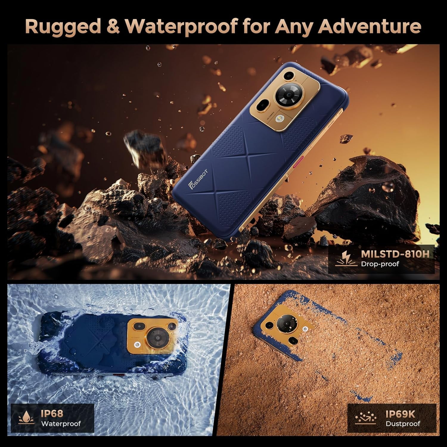 FOSSIBOT F112 Pro 5G Rugged Smartphone, 24GB+256GB/1TB Android 14 Unlocked Smartphone, 7150mAh Battery Cell Phone, 6.88'' Display, Dual SIM 5G Unlocked Phone, IP68 / IP69K,NFC,2025 Black