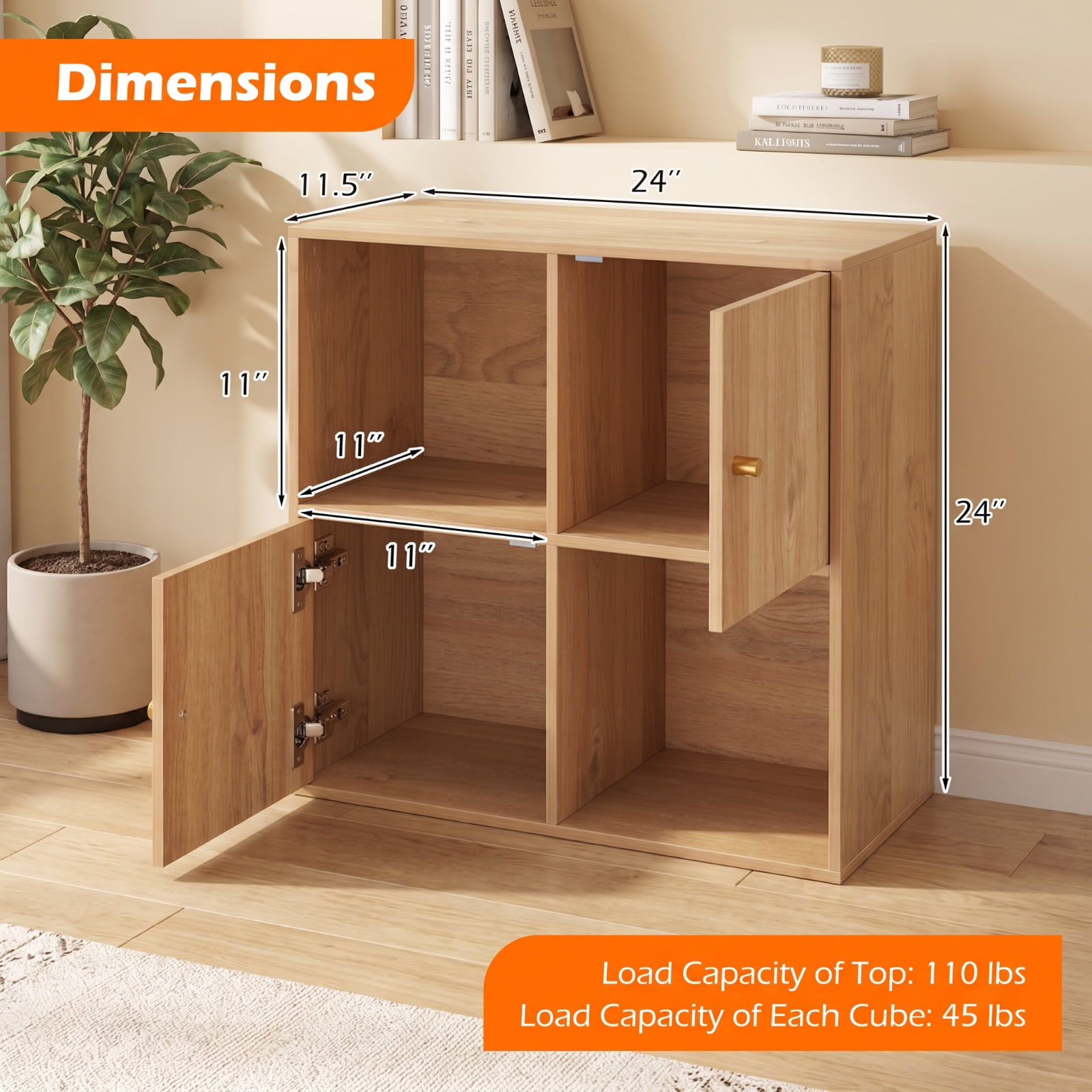 Furnibear 4-Cube 3-Tier Bookcase with 2 Cabinets Dual Anti-Tipping Kits and Metal Knobs for Living Room and Home Office, Natural