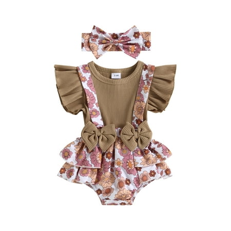

Baby Girl Romper Summer Sleeveless Floral Ruffled Shorts Jumpsuit + Bow Head Band