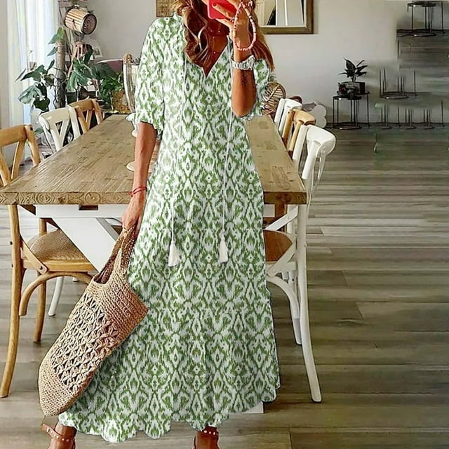Usmixi Robes Formelles pour Femmes Longueur Coude Col en V Imprimé Géométrique Robes Maxi d'Été avec Franges Ample Fluide Évasée Tunique de Plage Robe Bleu G jusqu'à 65 % de Rabais