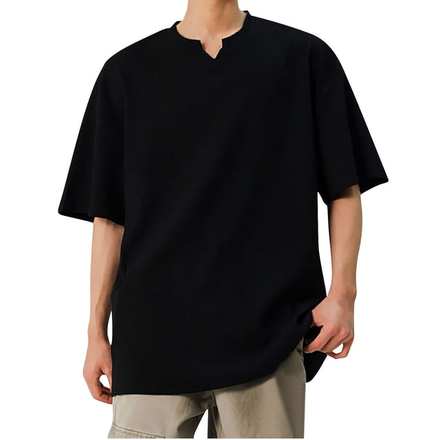 Men's Short Sleeve Shirts Casual Solid Color Vertical Texture Short Sleeved V-Neck Shirt