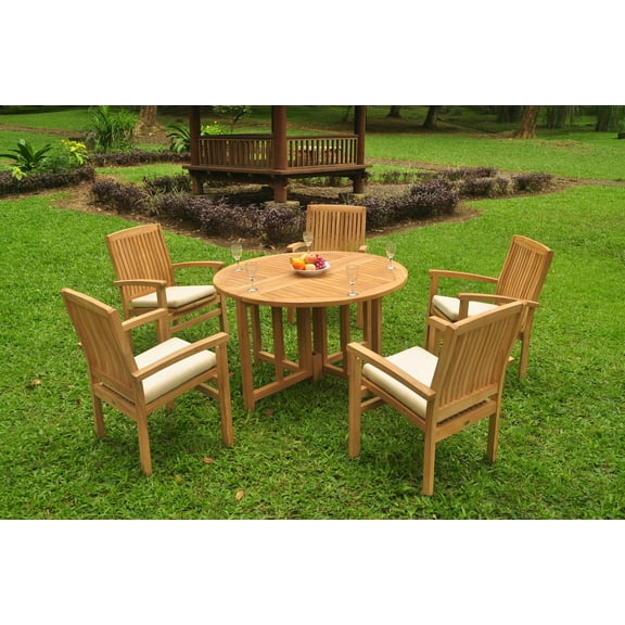 Grade-A Teak Dining Set: 5 Seater 6 Pc: 48" Round Butterfly Table And 5 Wave Stacking Arm Chairs Outdoor Patio WholesaleTeak #WMDSWVj