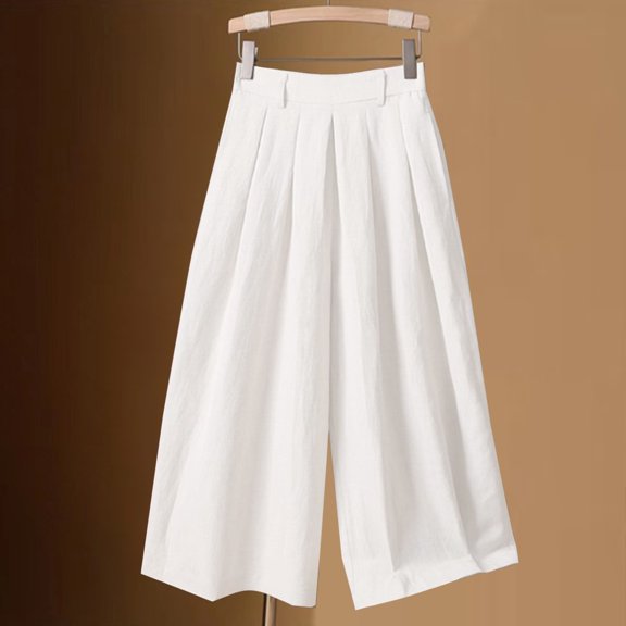 Cropped Pants for Ladies Womens Plus Size Wide Leg Capris Casual Solid Loose Pleated High Waist Cropped Trousers Summer Breathable Cotton Linen 3/4 Pants White l