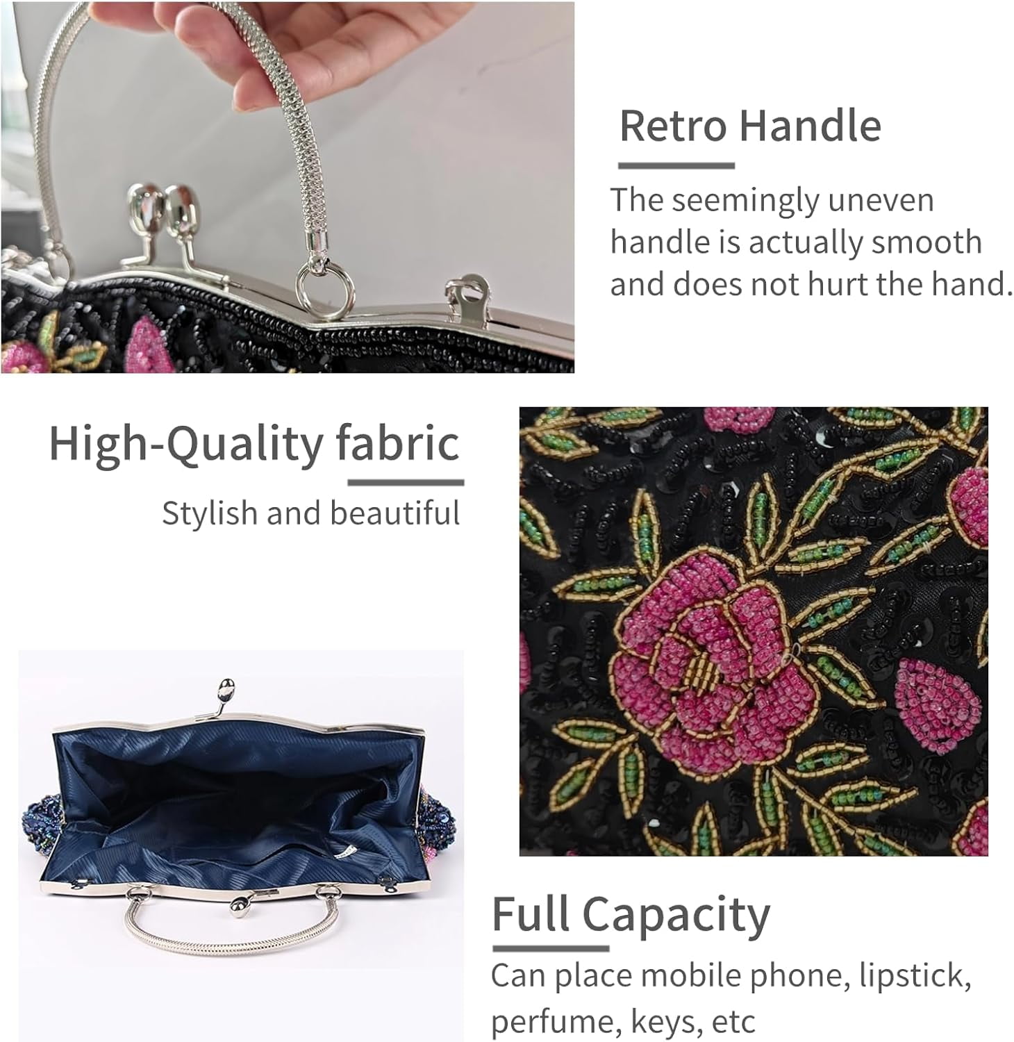 Women's Floral Beaded Embroidered Clutch Purse with Sequins and Detachable Chain - Elegant Evening Bag for Wedding Party