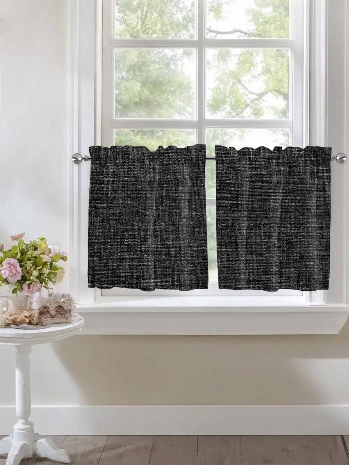 Black Half Window Curtain 36 Inches Long, Farmhouse Burlap Solid Black Color Modern Linen Texture Window Treatment Curtain Drapes, Small Tier Curtains for Bathroom Over Sink, 27.5"x36", 2 Panels