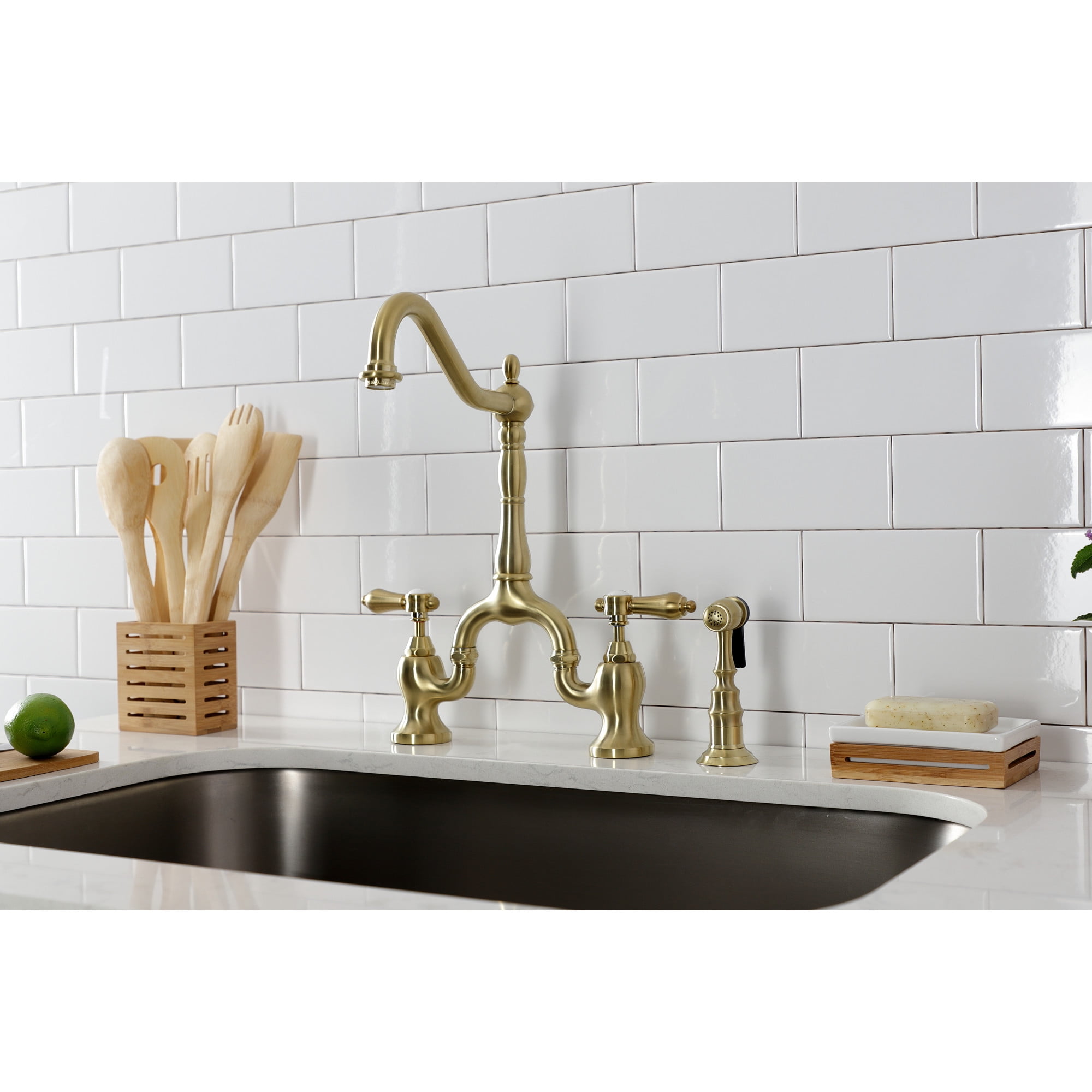Kingston Brass KS7757BALBS Heirloom Two-Handle 3-Hole Deck Mount Bridge Kitchen Faucet with Brass Side Sprayer in Brushed Brass