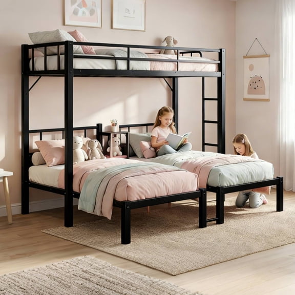 Zimtown Twin Triple Bunk Bed, Heavy Duty Metal Frame Twin Over Twin Over Twin/Twin XL with Guardrails & Ladder, Fast Assembly,Black