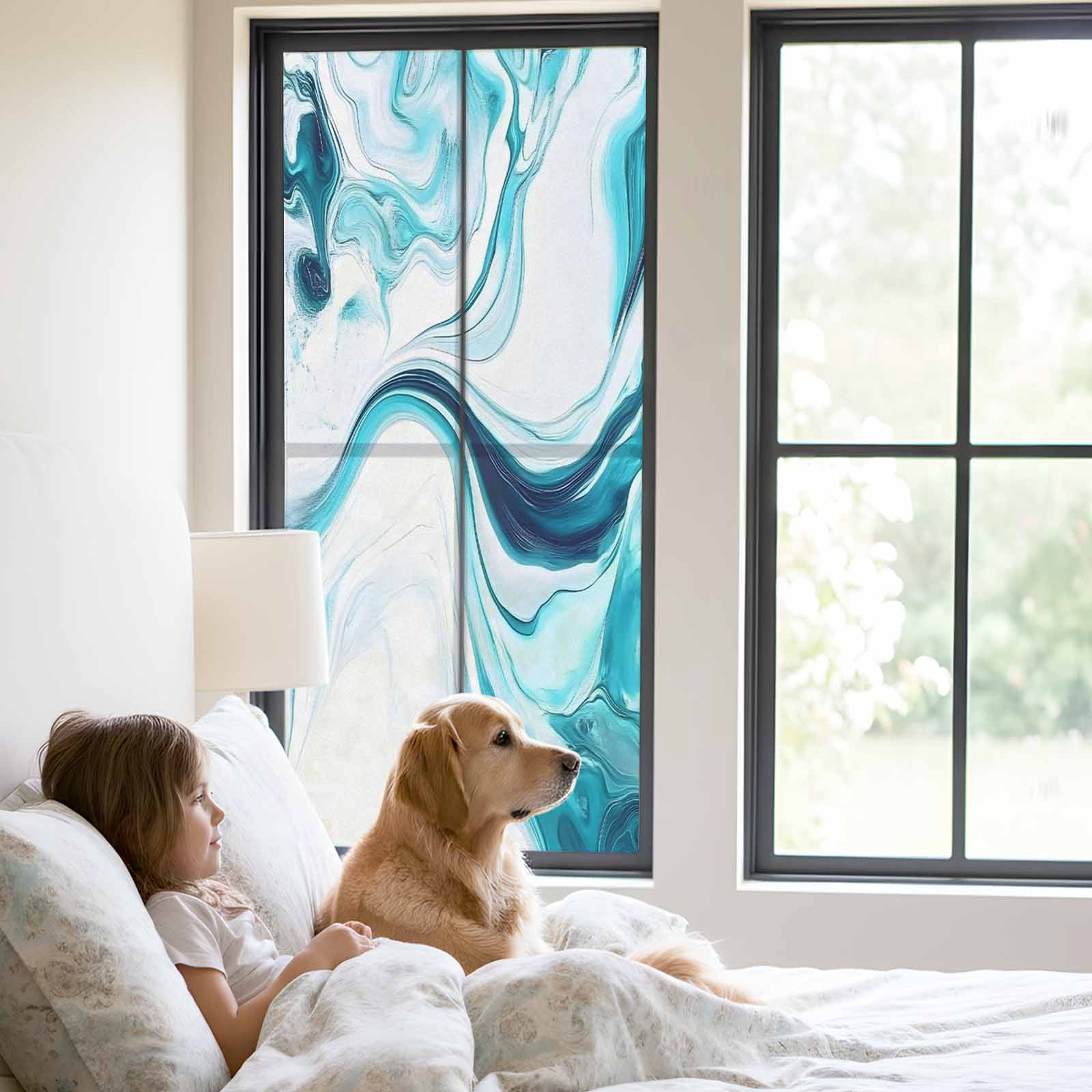 Abstract Water Ripple Window Privacy Film Blue Gradient Modern Ocean Decorative Glass Window Film UV Blocking Static Cling Non-Adhesive Sticker Covering for Home Door 29.5 x 78.7 inches