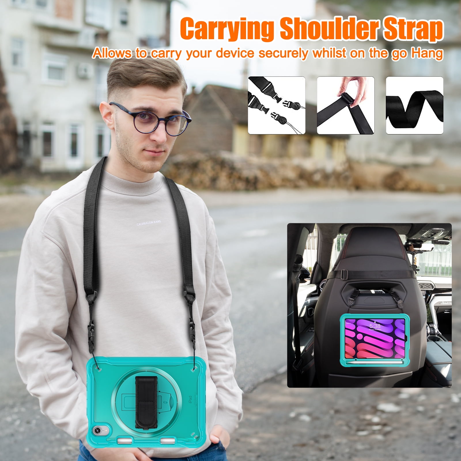 Shockproof Case for Apple iPad mini 6/7, iPad mini 6th 7th Gen Cover, 360 Rotating Stand Translucent Back Cover Shockproof Adjustable Shoulder Strap Kids Friendly with Pencil Holder, Blue