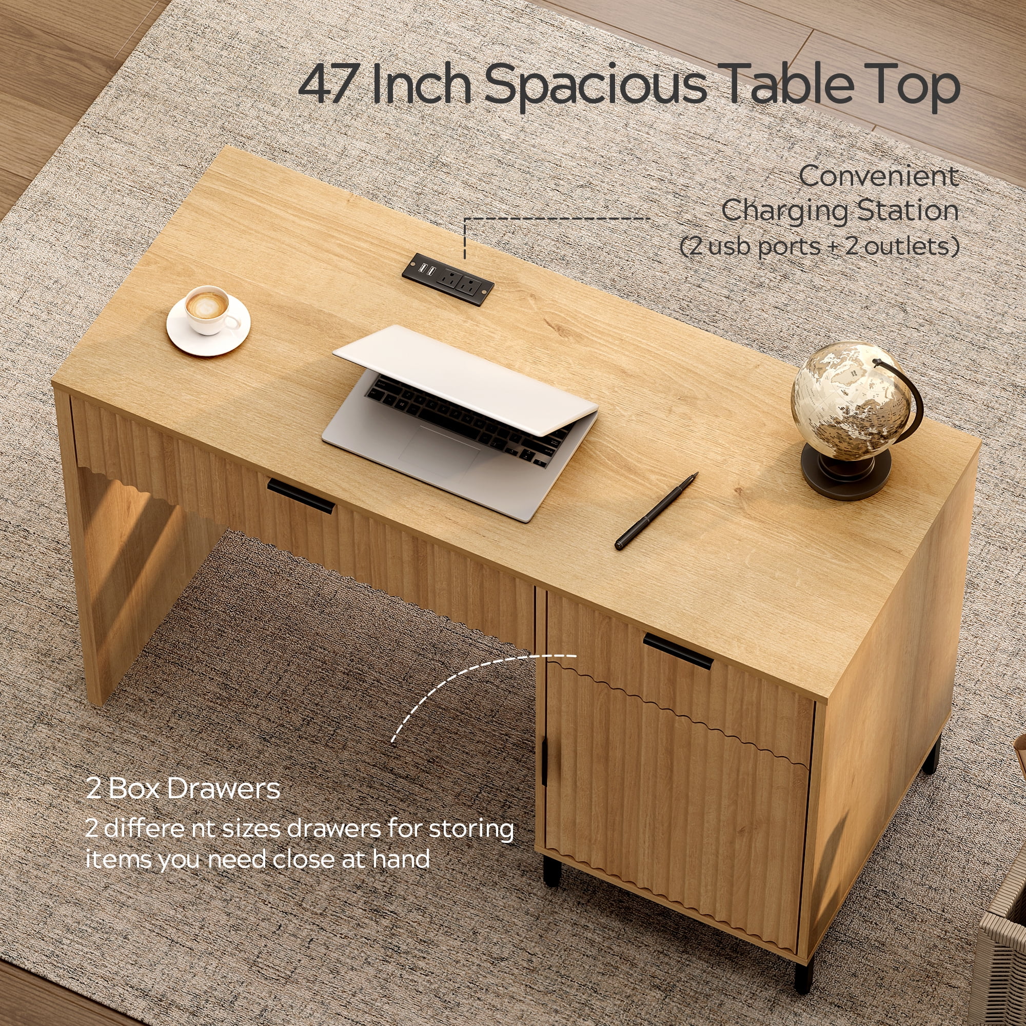EYYTHUNG 47" Fluted Executive Desk, Modern Wood Home Office Desk with Charging Station, Drawer & Cabinet, Computer Writing Desk