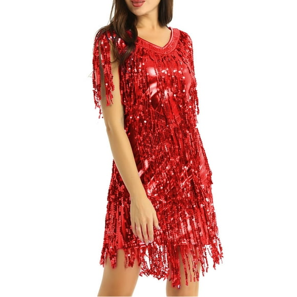 iefiel Women's Sequins Tassels Wrap Fringe Samba Rumba Latin Dance Costume Cocktail Party Dresses Red M