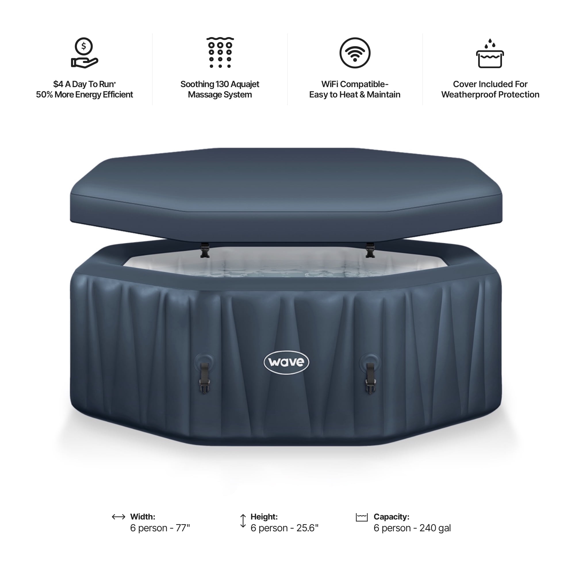 Wave Aegean 6-Person Inflatable Hot Tub | Integrated Eco Heater | 130 Aquajet Massage System | Anti-Freeze Protection | Quick 15-Minute Setup | Navy