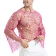 thumbnail image 2 of UTSJKR Men's Sparkling Rhinestone Mesh Long Sleeve Top, Sheer Fishnet Shirt, Party Concert Stage Performance Trendy Fashion Wear Hot Pink S, 2 of 6