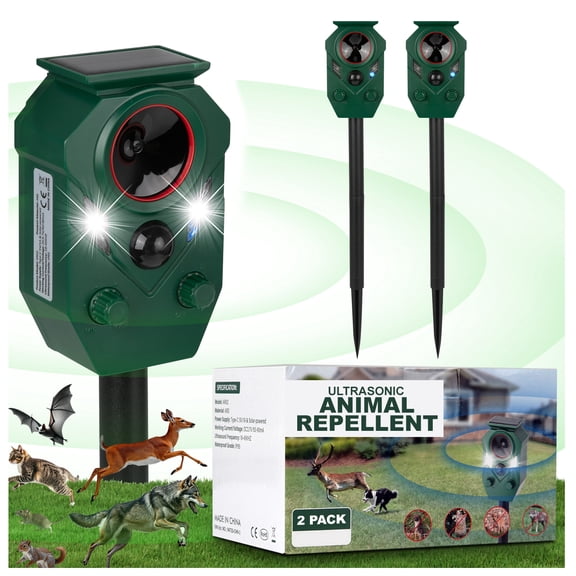 2 Pack Solar Ultrasonic Animal Repeller Outdoor with PIR Sensor and Flashing LED Light, IP65 Waterproof, Deters Cats, Raccoons, Squirrels, Skunks & Rabbits for Yard, Garden & Lawn
