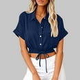 thumbnail image 2 of Horkkom Linen Shirts for Women Short Sleeve Solid Color Button Down Shirts Summer Casual Crop Tops with Pocket, Gifts for Women L, 2 of 7