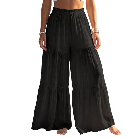 Qiggri Women Solid Cotton Linen Elastic High Waist Tiered Ruffle Pleated Wide Leg Pants Flowy Beach Vacation Casual Trousers L