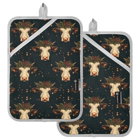 Ryvnso Christmas Cow and Holly Pattern Oven Mitts Heat Resistant Pot Holders Set of 2 Hot Pads
