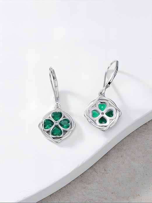 CACA LADY St Patricks Day Shamrock Dangle Earrings 925 Sterling Silver Four Leaf Clover Earrings Irish Jewelry Gifts for Women
