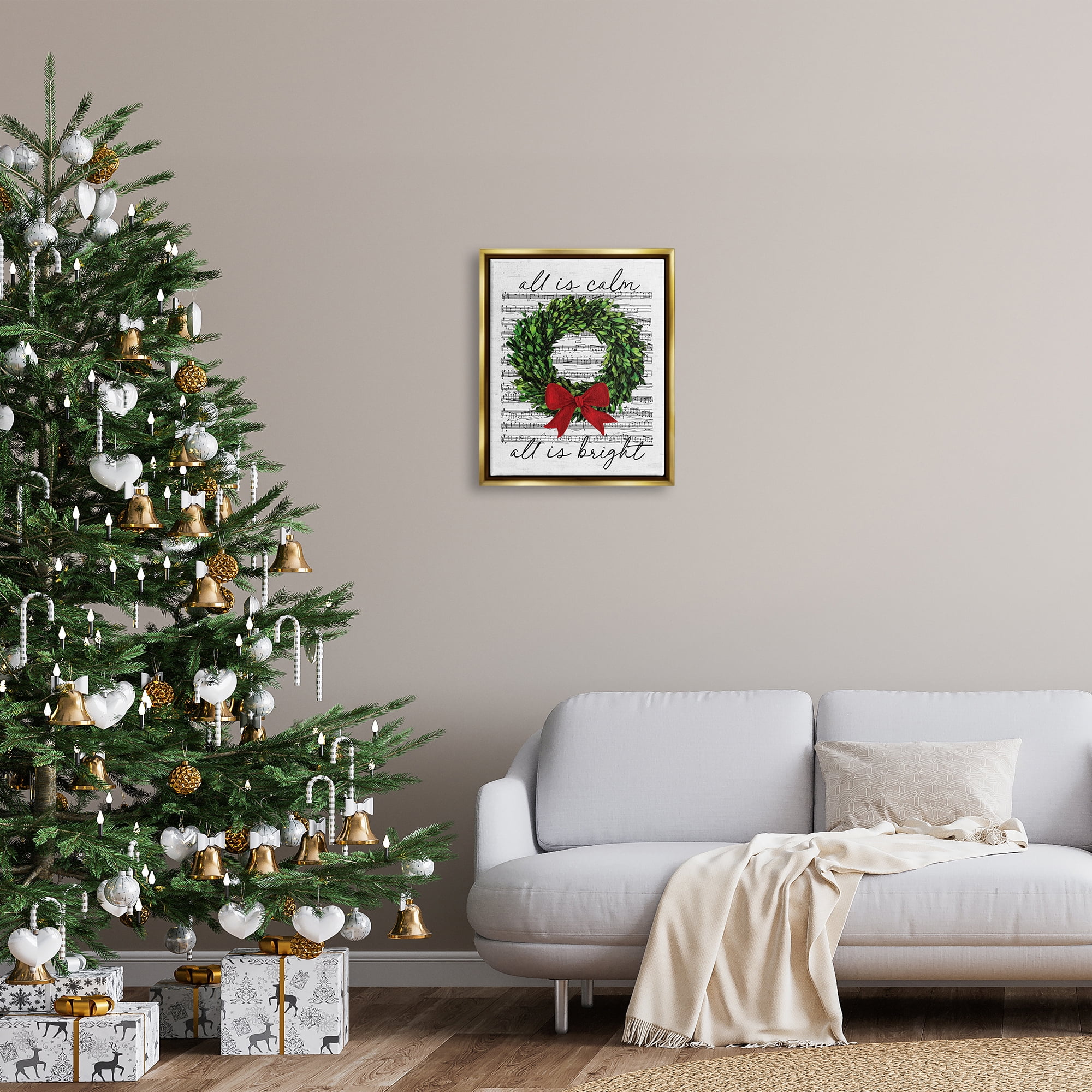 Stupell Industries All is Bright Holiday Music Holiday Painting Gold Floater Framed Canvas Art Print Wall Art, 17 x 21