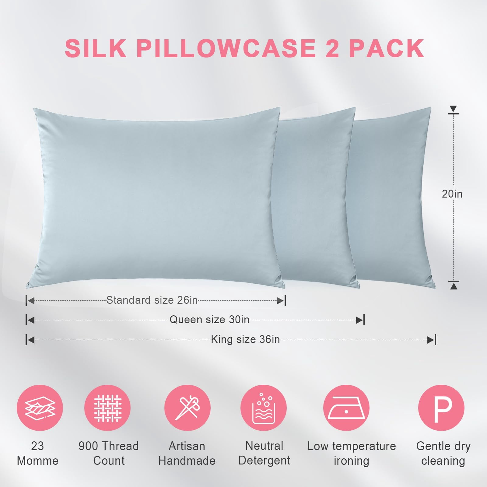 Silk Pillowcase 2 Pack For Hair And Skin  Both Sides 23 Momme Grade 6a+ Mulberry Pillowcases With Zipper Soft&smooth Pillow Cases (ash Blue Standard 20*26)