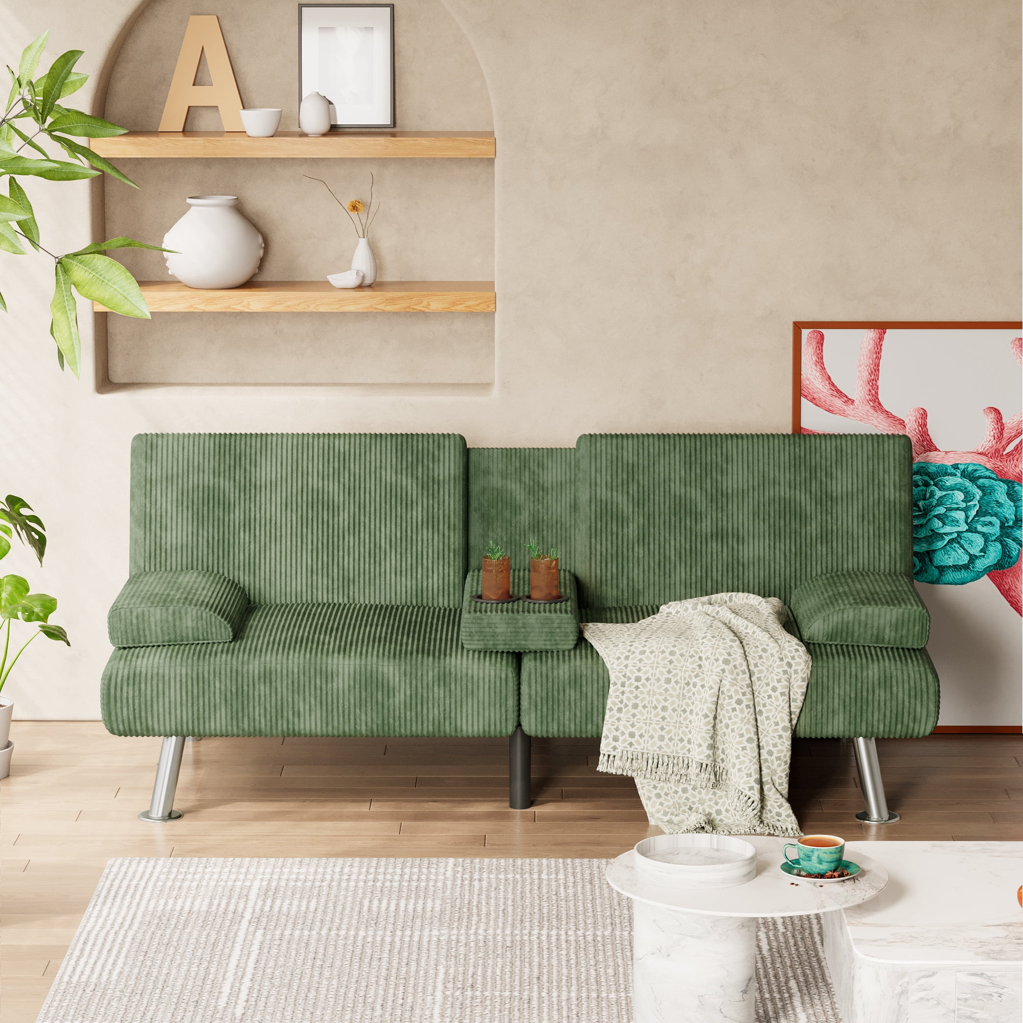 Homall  Futon Sofa Bed with Armrests and Cup Holders,  Adjustable Backrest Angles, Convertible bed, Green