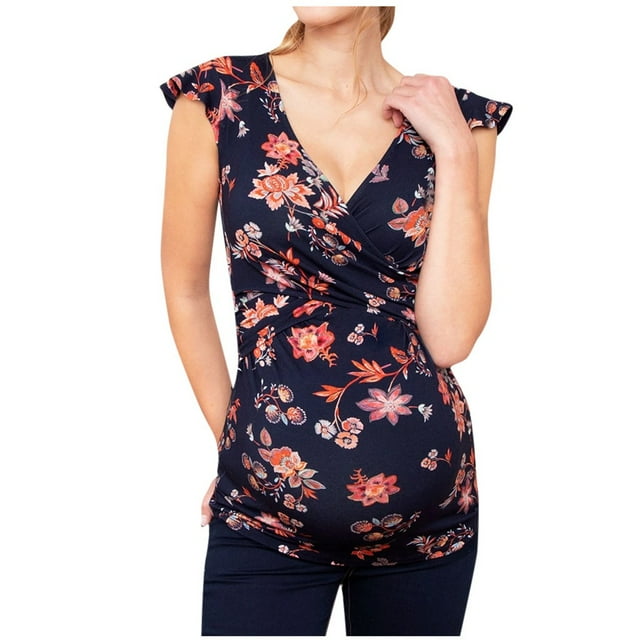 Blouse de Maternité à Col en V Manches Courtes Imprimée à Rayures pour Femmes Enceintes