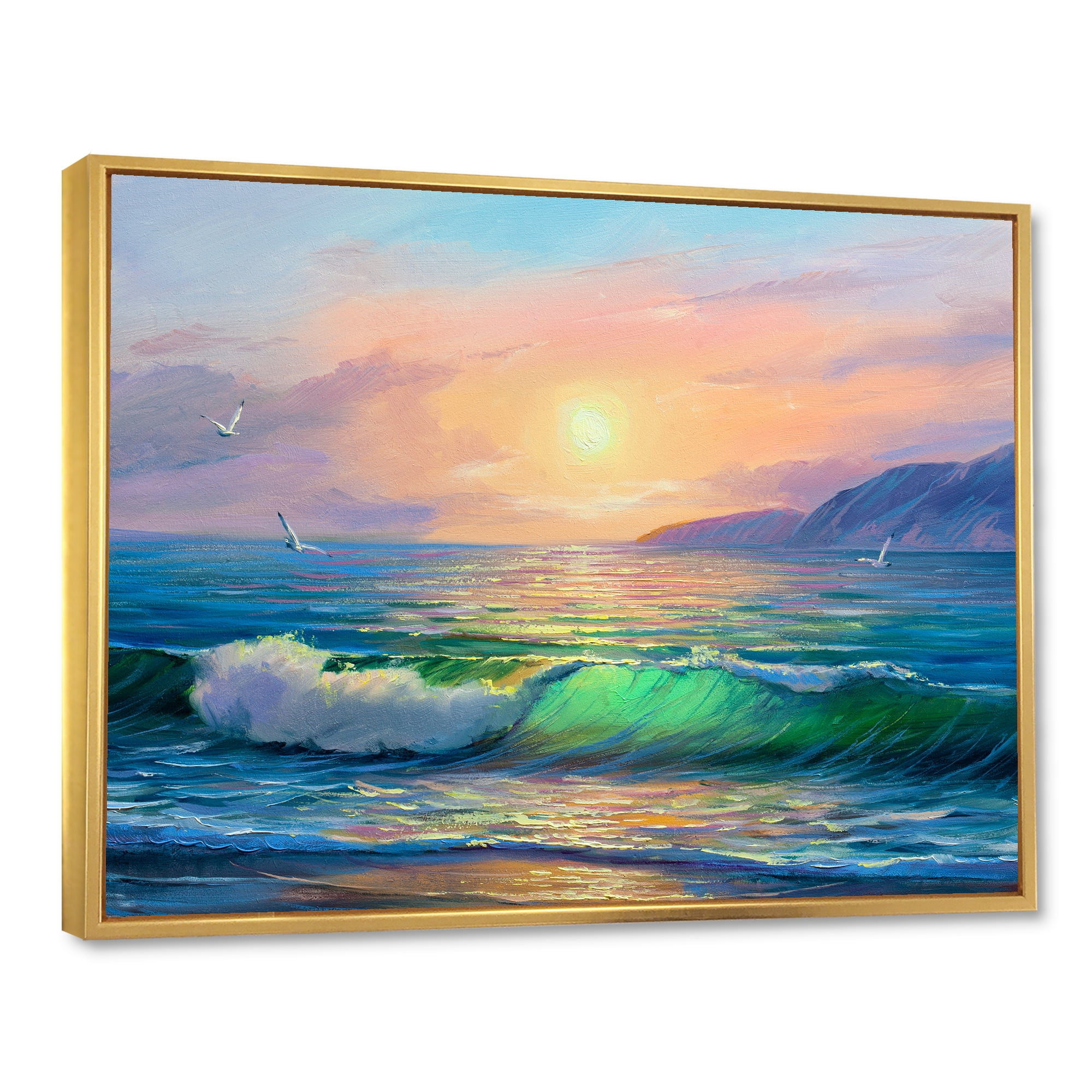 Designart 'Blue Waves Breaking At The Beach Landscape V' Nautical & Coastal Framed Canvas Wall Art Print