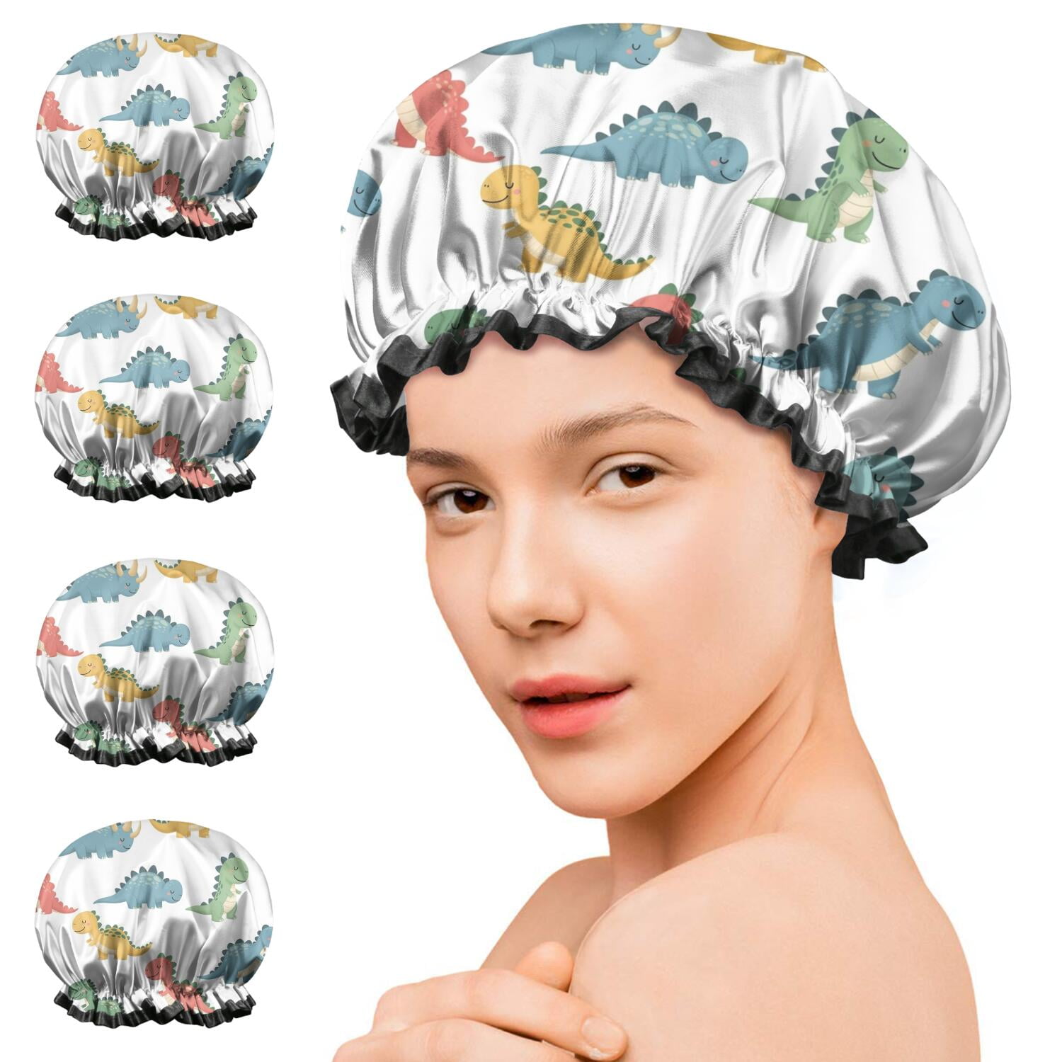 Shower Caps,White Cartoon Dinosaurs Pattern Waterproof Shower Cap for Women 4 Pieces,Double Reusable Hair Cover for Shower PEVA Elastic Stretch Hem