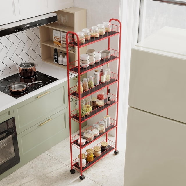 Red 6-Tier Rolling Cart Kitchen Slim Slide Out Storage Tower Rack with Wheels, Kitchen, Bathroom Laundry Narrow Piaces Utility cart, Mobile Shelving Unit Organizer Trolley for Laundry