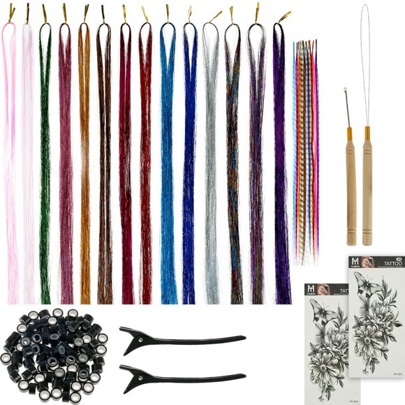 Hair Tinsel Kit Tinsel 14 Colors Washable Tinsel Hair Extensions with Tools Fashion Fairy Hair Feather Tinsel Tool Set Sparkling Hair Glitter for Women Girls Hair Accessories