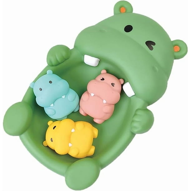 Baby bath water toy - Hippo Family Bath Adventure Set, 1 Hippo and 3 Baby Hippo, Soft Vinyl Material, One-Piece No Hole Design (Hippo)