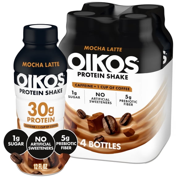 Oikos 30g Protein Shake, Mocha Latte, Shelf Stable, 12 fl oz, 4 Count Bottles