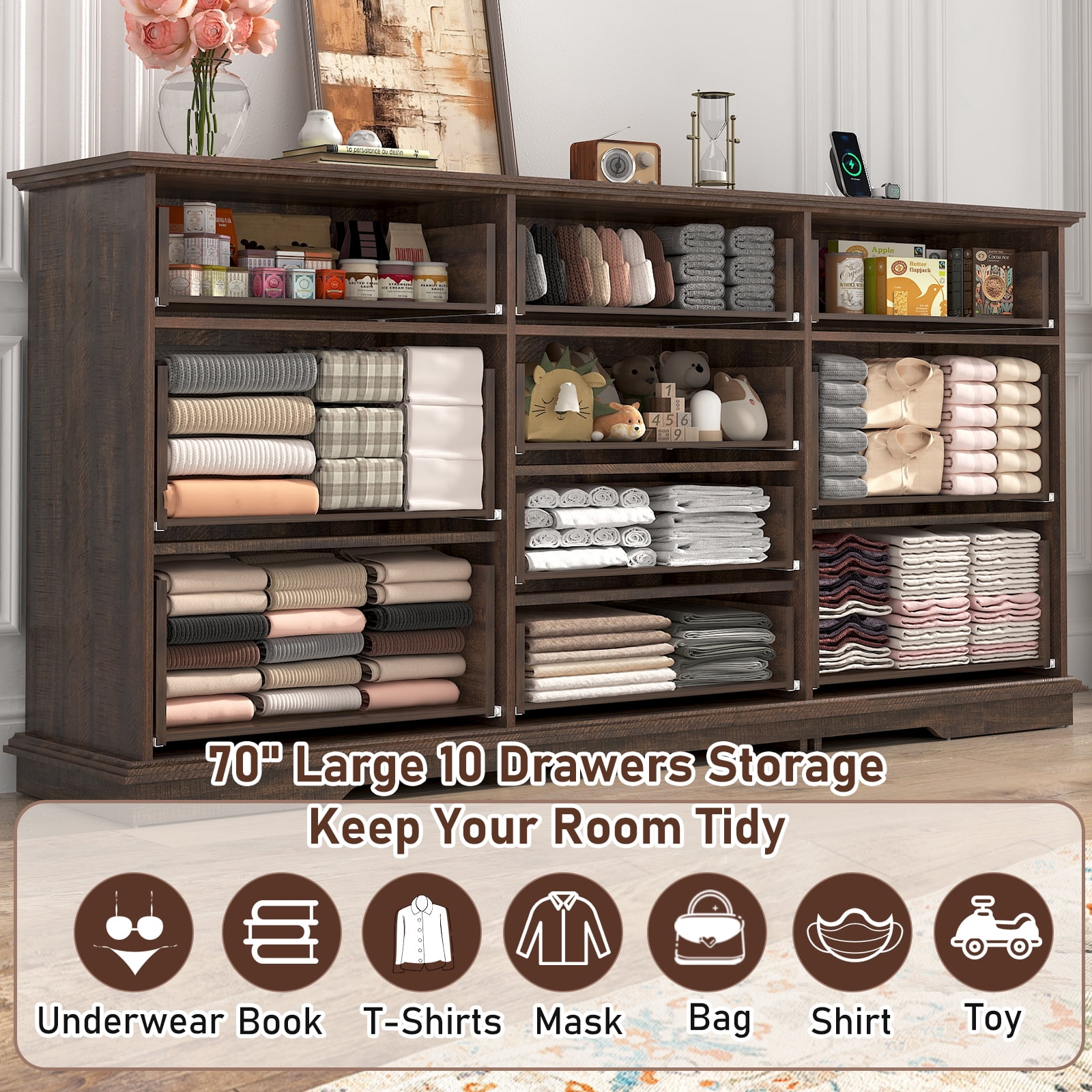Blotout 70" Large Long Dresser with Deep Drawers, Farmhouse 10 Drawer Dresser for Bedroom, Wide Wood Chest of Drawers with Power Outlets, Rustic Brown Dresser
