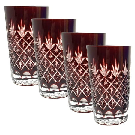 Set of 4 Exquisite Bohemian Crystal Style Cut Czech Drinking Rock Glasses Tumbler Set for Cocktails, Whiskey, Bourbon, Scotch,Beverage-Ruby