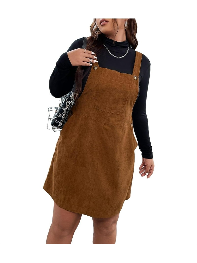Casual Pinafore Corduroy Overall Dress Brown Plus Size Dresses ( Women's) - Walmart.com