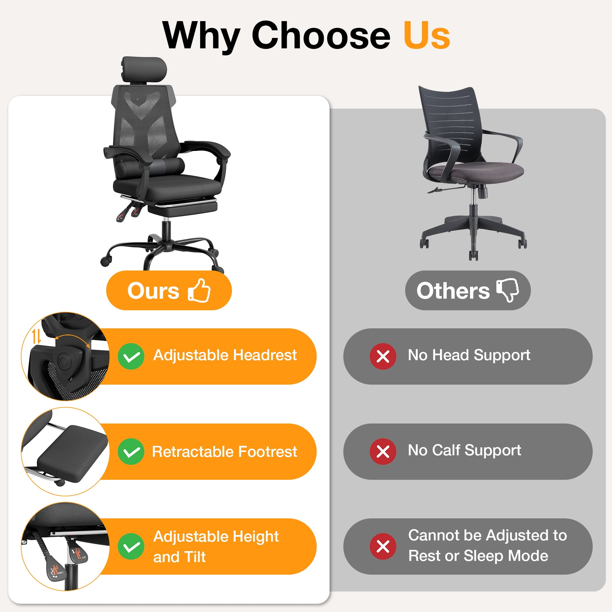 Mr IRONSTONE Ergonomic Office Chair with Footrest, High Back Breathable Mesh Computer Chair with 2D Headrest Lumbar Support, 135 Degree Reclining Desk Chair for Home Office, Black
