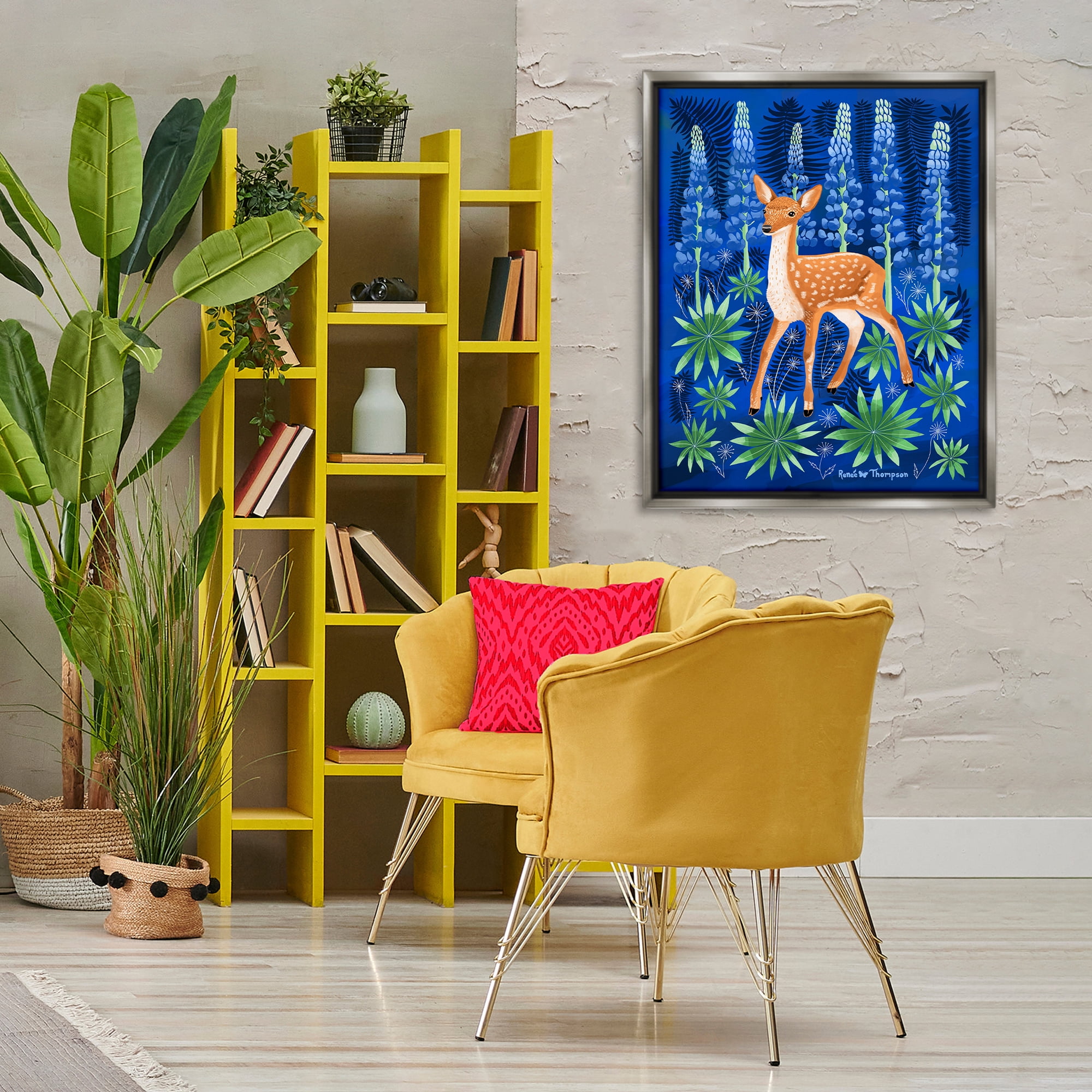 Stupell Industries Fawn & Lupine Flowers Animals Painting Gray Floater Framed Canvas Art Print Wall Art, 25 x 31