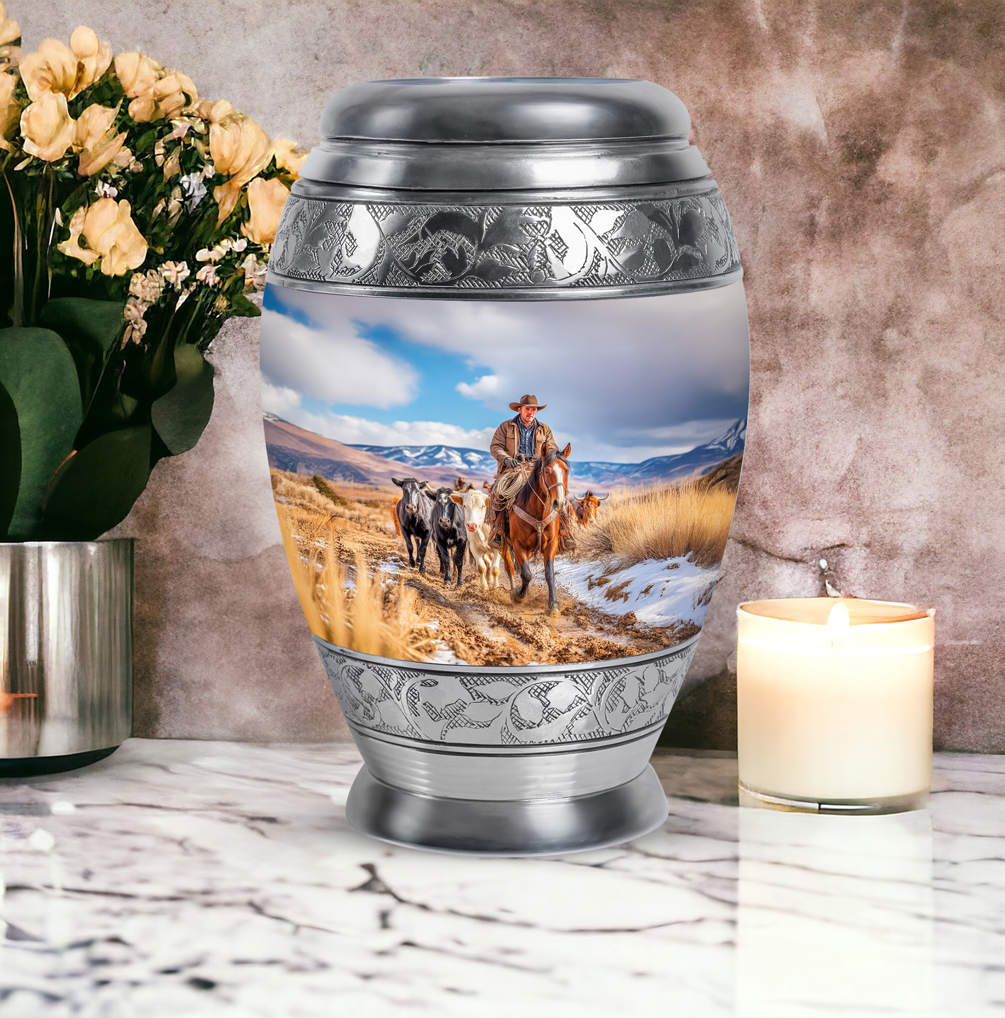 SABURIAL Cowboys Memorial Cremation Urns - Burial Urn for Ashes Adult Male - Large Funeral Urn for Ashes Adult Female - Decorative Urns for Women & Men - 10 Inch