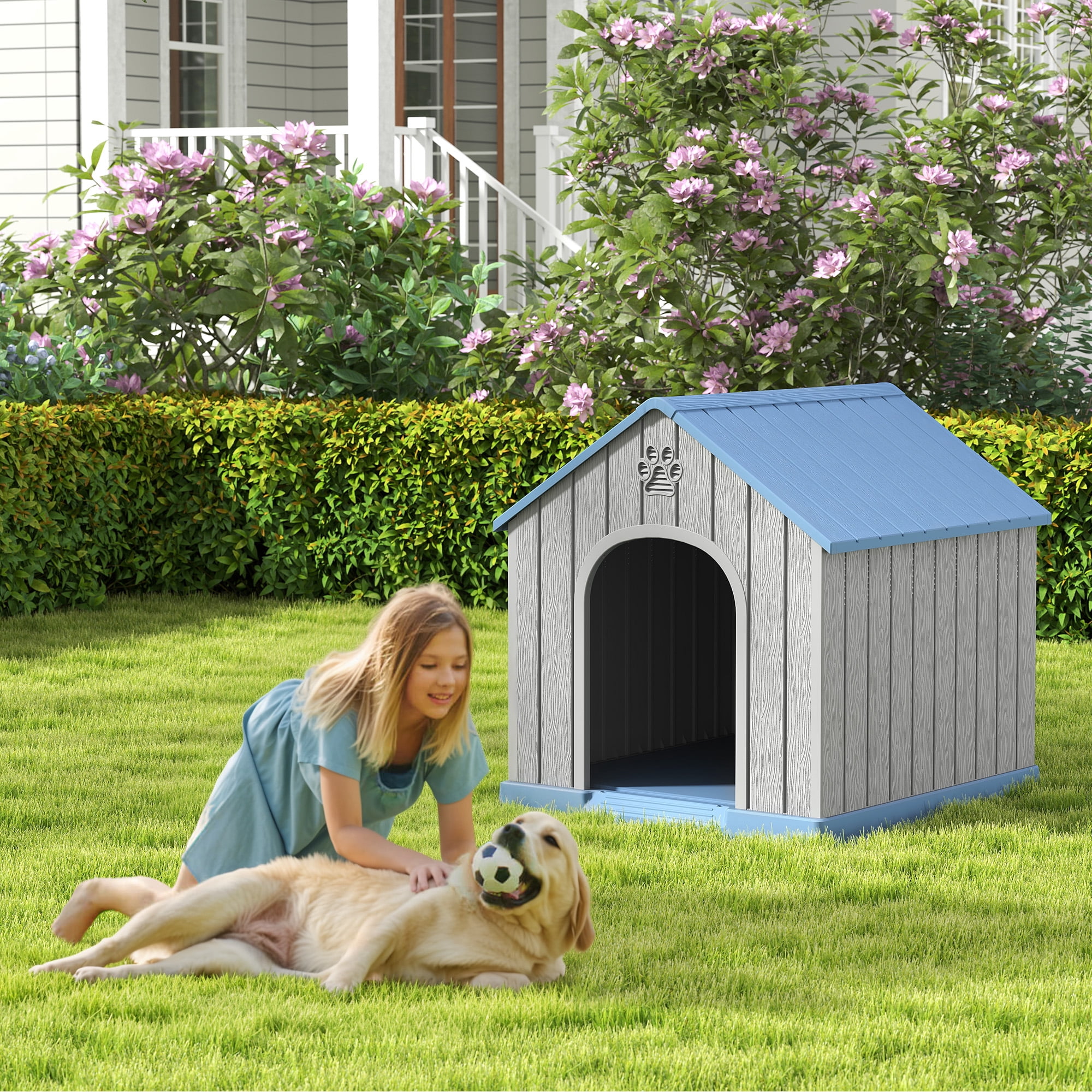 Bifanuo Large Dog House, PP Material Indoor Outdoor with Windows for Medium Large Dogs, Weatherproof Puppy Shelter with Elevated Floor & Air Vents, Easy Clean and Assemble (Blue, 36.2"L×38"W×38"H)