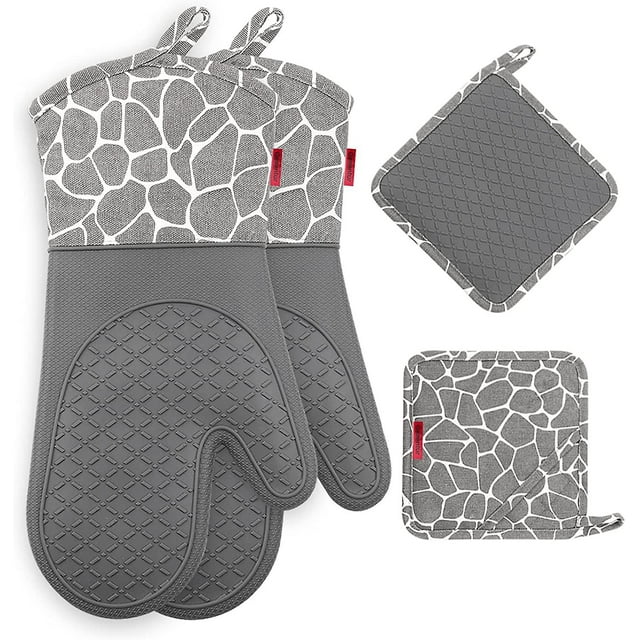 Silicone Oven Gloves, Heat Resistant Barbecue Gloves 1 Pair and 2 Pot Holders, Perfect for Grill BBQ Kitchen Oven Cooking (Gray)