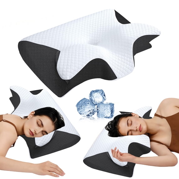 NJWY Butterfly Cervical Memory Foam Pillow, Ergonomic Neck Support, Breathable Removable Cover, for People with Neck Discomfort, Black
