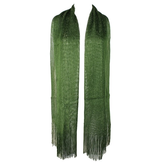 Ladies Metallic Shimmery Fringed Mesh Evening Scarf Dark Green