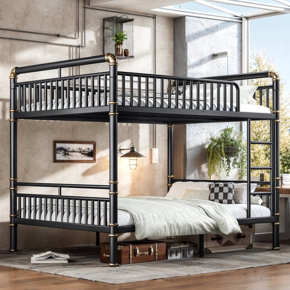 Venuezy Queen over Queen Bunk Bed with Ladders & Guardrails, Upgraded Round-Pipe Metal Frame, Industrial Modern Design for Teens,Adults,Black