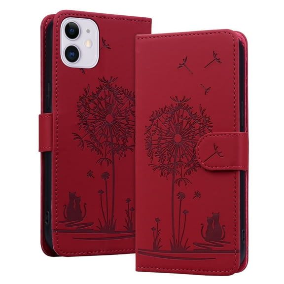 ELEHOLD Case for iPhone 11, Premium PU Leather Wallet Flip Case Folio Cover with Card Holder Kickstand,Red