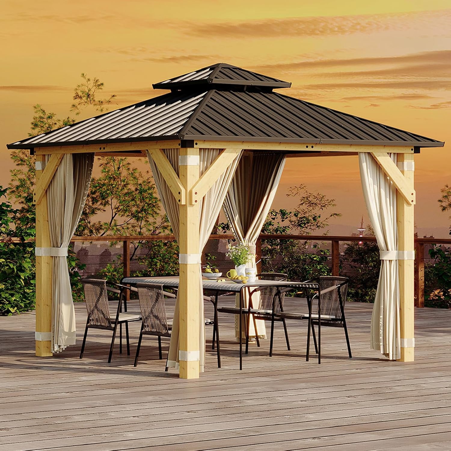 10x10 Ft Hardtop Gazebo with Double Galvanized Steel Roof & Aluminum Frame – Includes Nettings and Curtains for Patio, Backyard, Garden, Deck, or Outdoor Events (Khaki)
